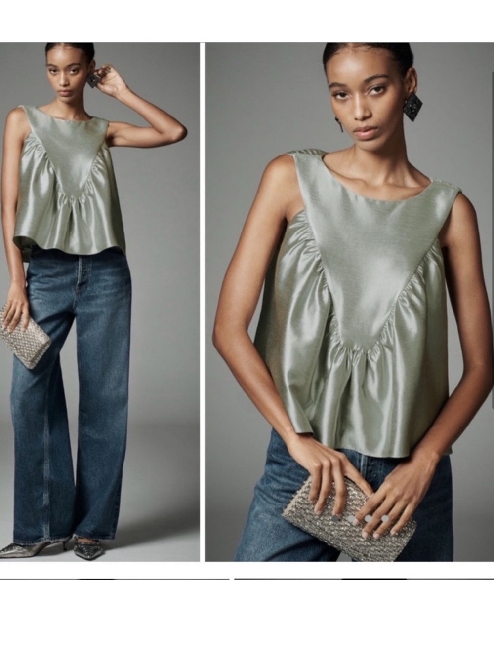 Anthropologie Mare Satin Shirred Swing V-Panel Sleeveless Top - Sage